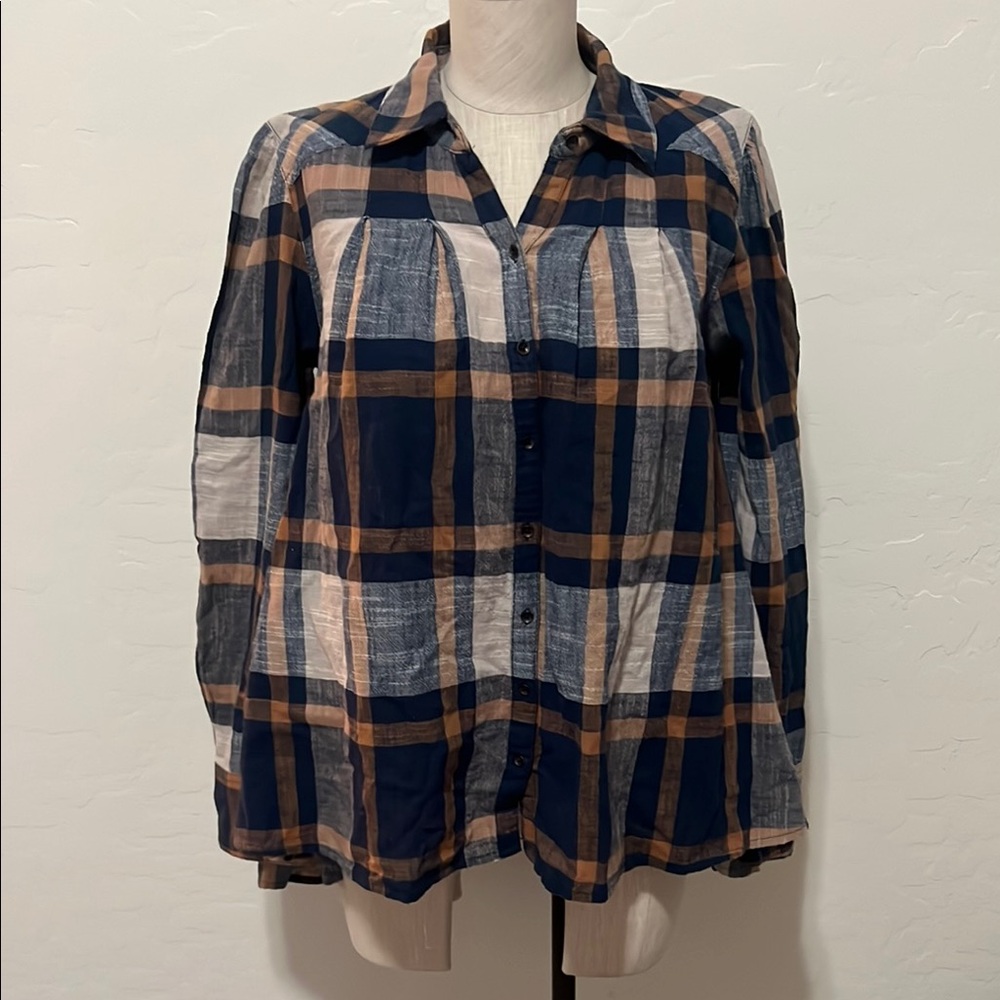 Free People Preppy in Plaid Navy and Cream High Low Ruffle Hem Tunic sx XS